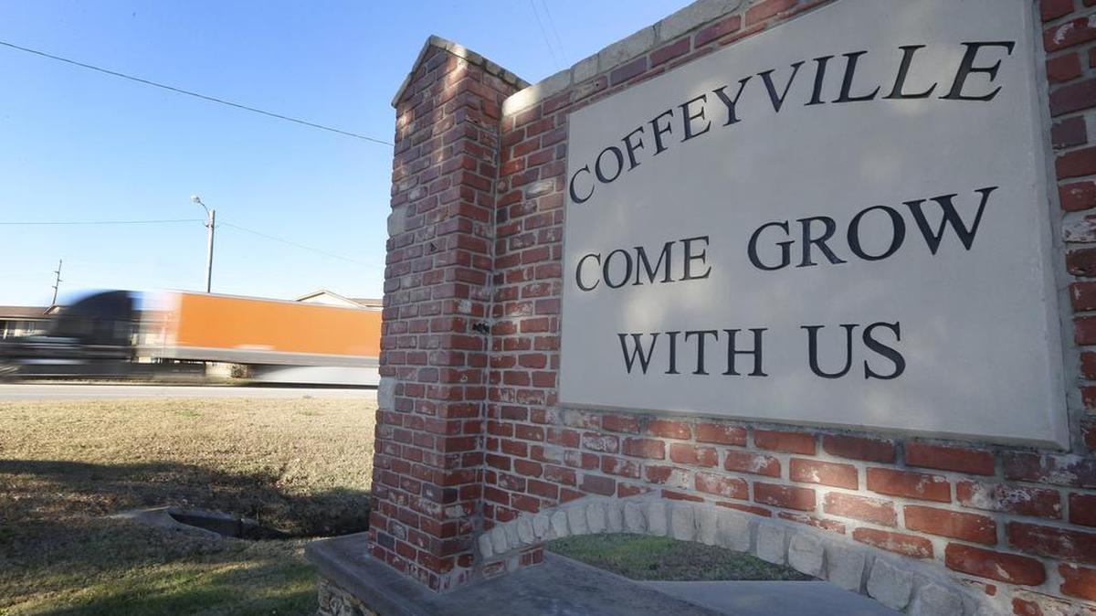 A sign on the edge of town welcomes people to Coffeyville. (Nov. 19, 2015)