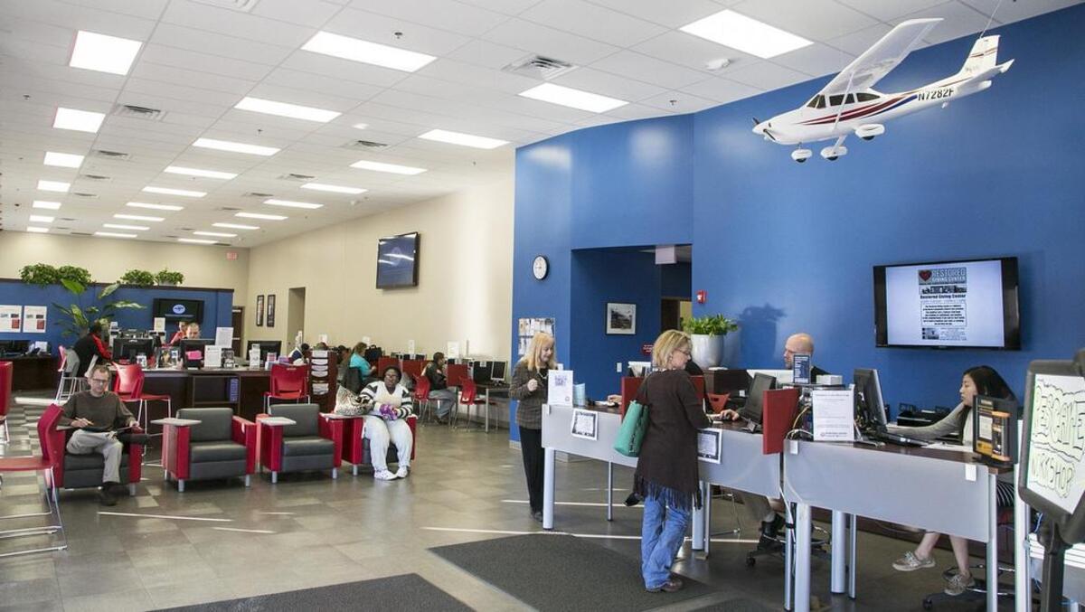 The lobby at the Wichita Workforce Center fills with people looking for new job opportunities or a chance to enhance their skills. The Center is pictured here prior to the coronavirus pandemic and social distancing restrictions.