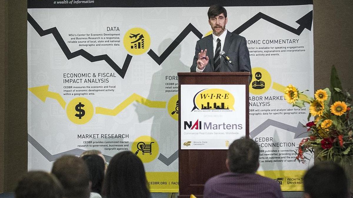 Jeremy Hill, director of the Center for Economic Development and Business Research at WSU, speaks Thursday at the State of Entrepreneurship in the Regional Market conference.