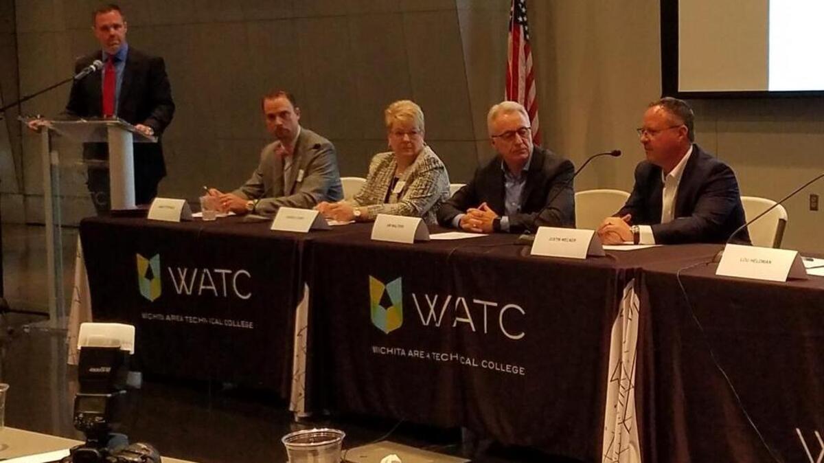 A panel discussion followed James Stephens’ speech Tuesday on “Building a Pipeline for Advanced Manufacturing. From left are Gabe Schlickau of the Workforce Alliance of Southcentral Kansas, James Stephens of the South Carolina Aeronautics Commission, Sheree Utash of Wichita Area Technical College, Jim Walters of Textron Aviation and Justin Welner of Spirit AeroSystems.