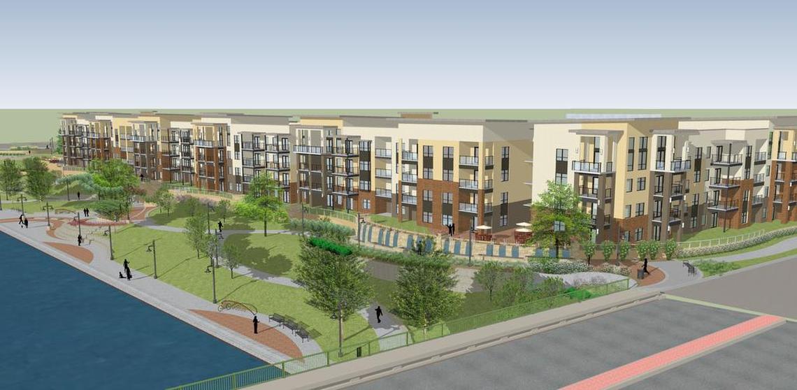 Artist rendering of the West Bank development of River Vista apartments. The $38 million will include 200 apartment units with views of the river, Delano and downtown Wichita. (July 28, 2015)
