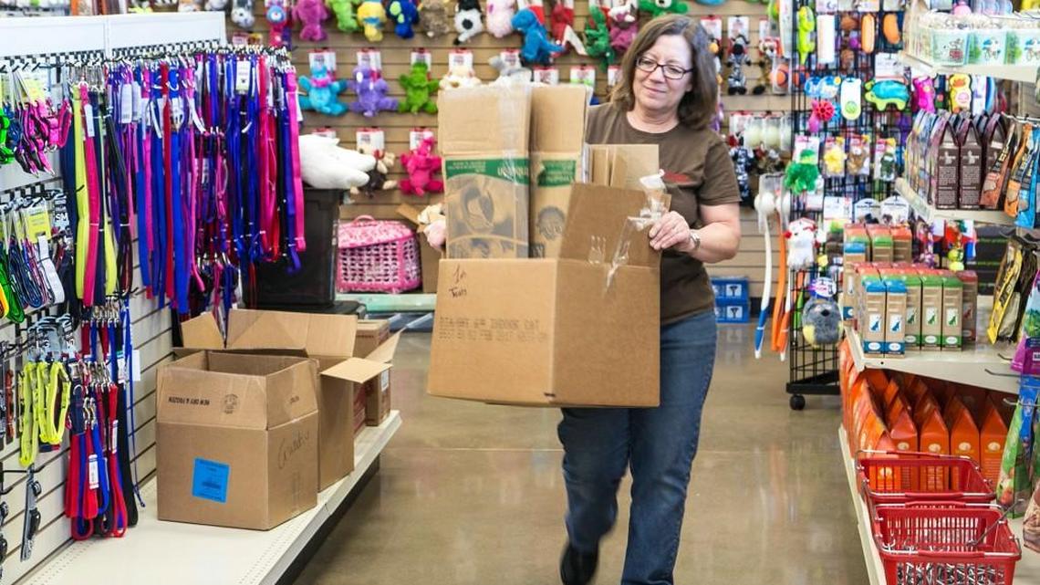Tammy Bauman of All Paws Pet Center moves some empty boxes on the store’s opening day in March 2016 at the Village at Greenwich.