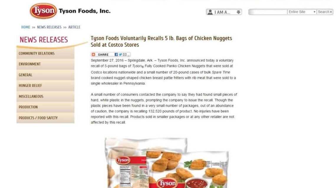 Reports of plastic prompt recall of Tyson chicken nuggets
