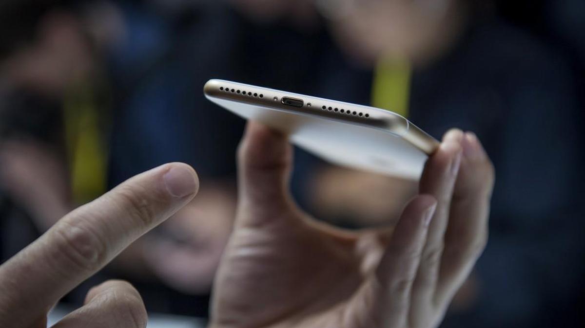 The lightning connecting port is seen on a Apple Inc., iPhone 7s during an event in San Francisco on Wednesday.