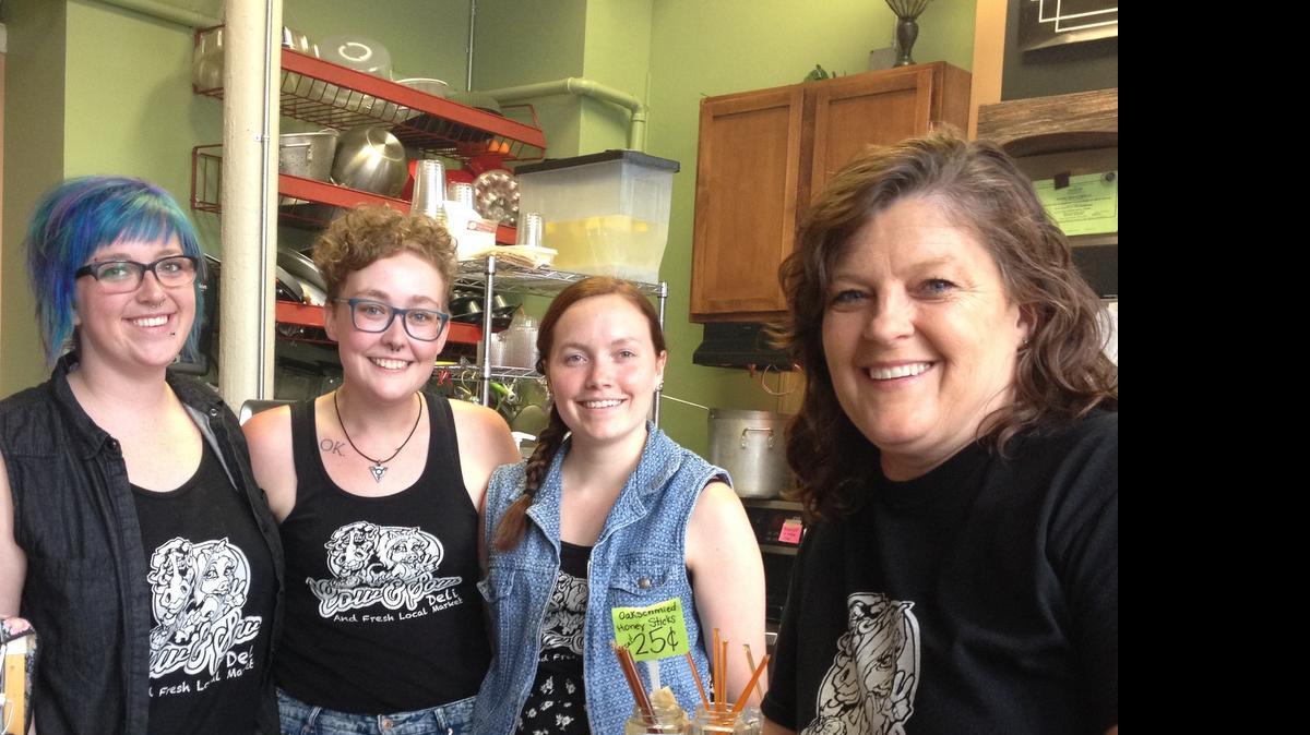
Tracey Coln, right, owner of the Cow & Sow Deli, employs, from left, Halsey Porter, McKenna Maher and Destry Rose at her deli.
