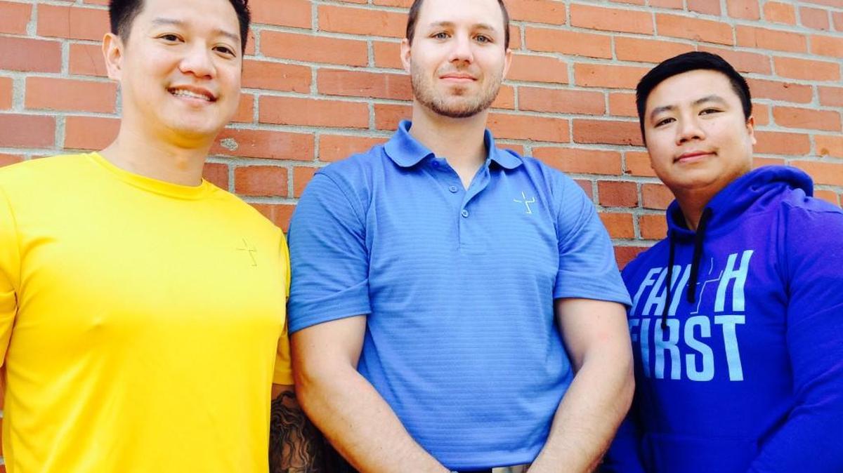 
Tien Huynh, left, Joshua Free, center, and Canh Nguyen started Faith First Gear last year. “We want to become the Under Armour of Christian gear,” Huynh said.
