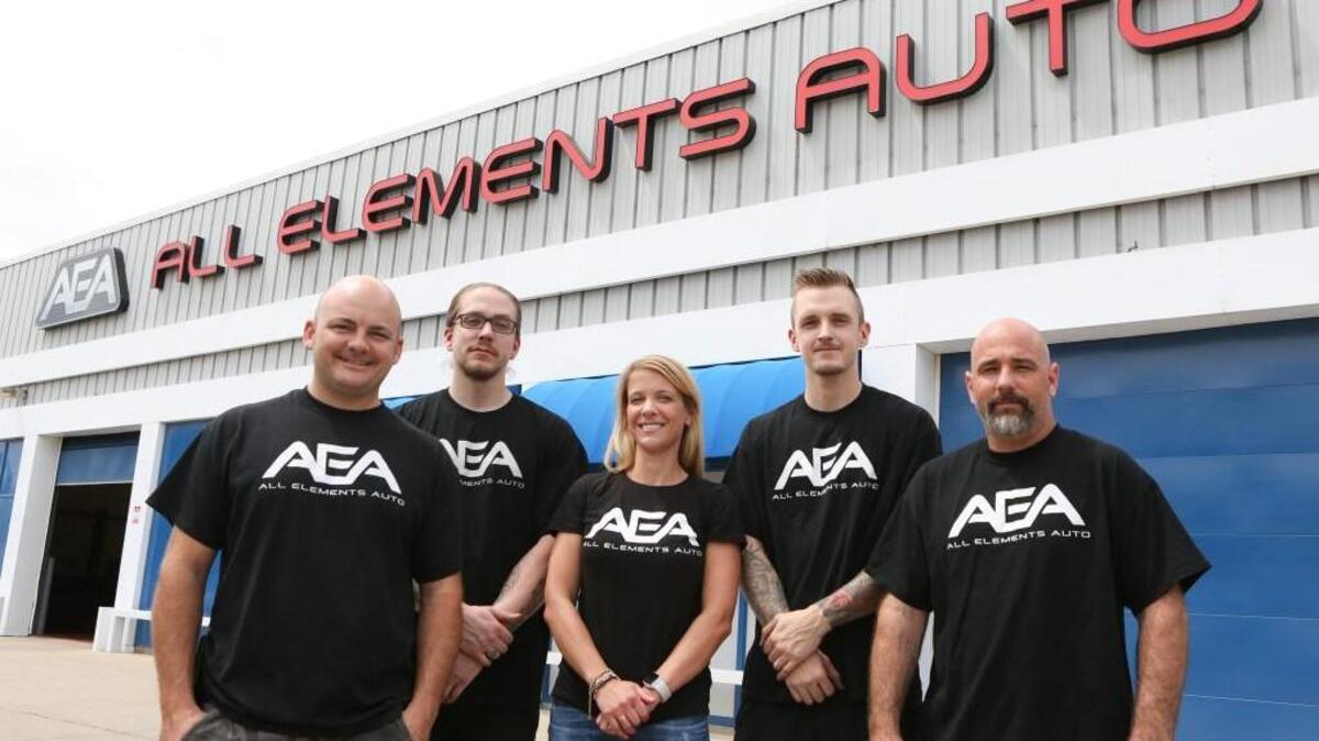 From left, employees of All Elements Auto at 2020 E. First St. North include Jacob Schnur, Cole Baxter, Andi Puckett, Jon Hansen and Brannon Grube. (June 13, 2016)