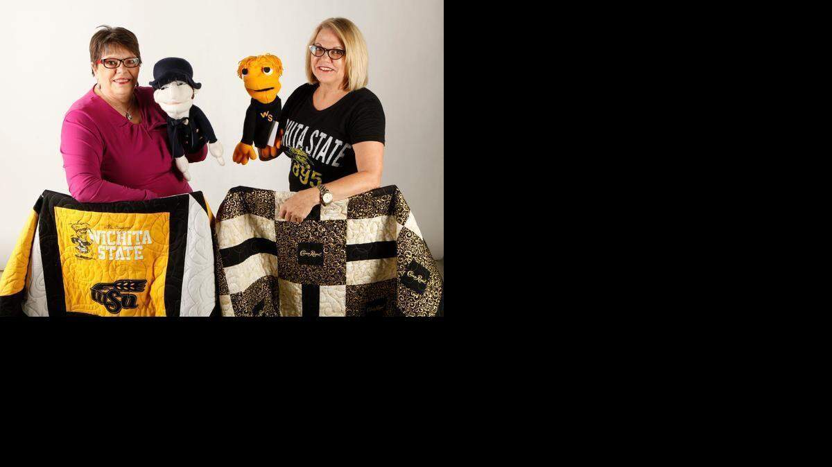
Patricia Becker, left, and Mary Brewster with some of the projects they make for their company Seven and Half Sisters Quilting and more. Becker holds one of their university puppets WeBod, for the Washburn Ichabods, while Brewster holds WeWu, a puppet for the WSU Shockers. The quilts being displayed are a Wichita State quilt and a Crown Royal quilt.
