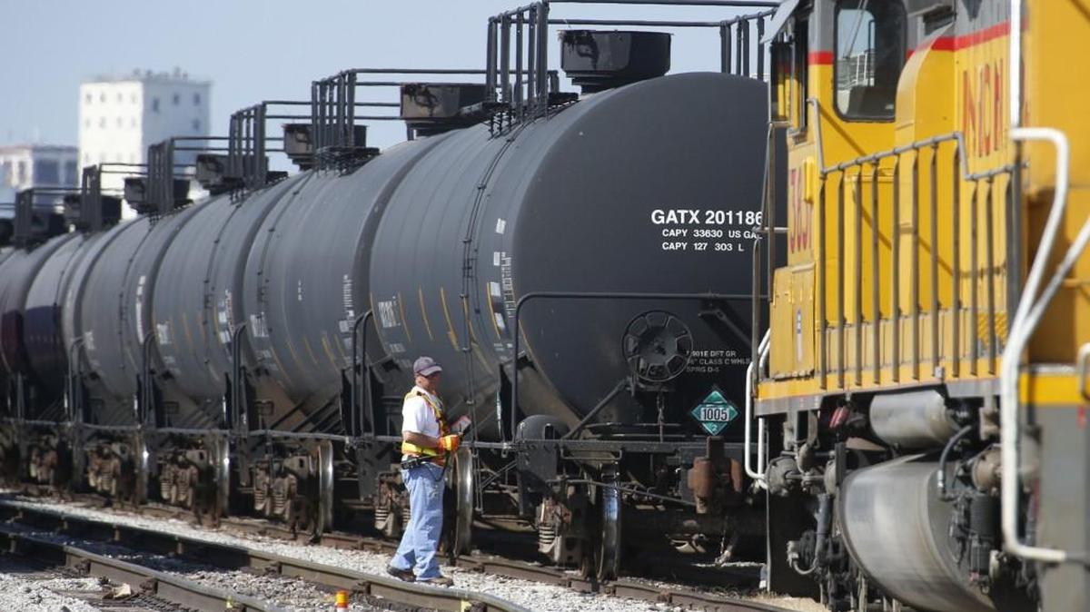 A Union Pacific locomotive with tank cars in the Union Pacific rail yard in Wichita in 2013.