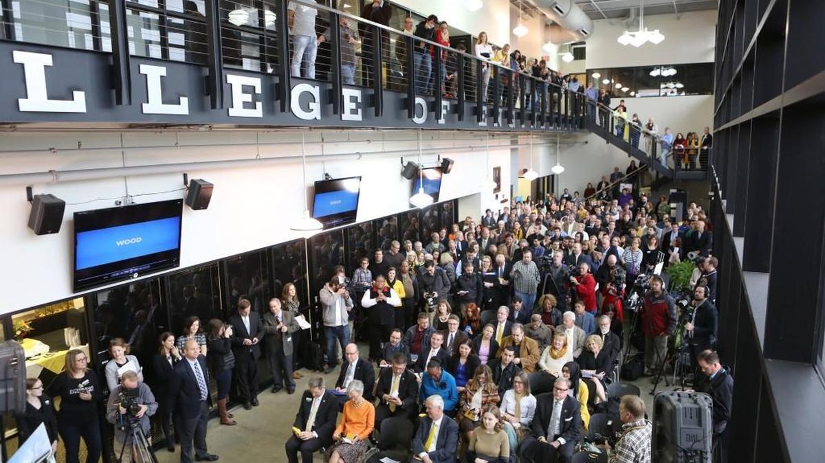 A large crowd attended the dedication of the makerspace at the under-construction Experiential Engineering Building at Wichita State University.