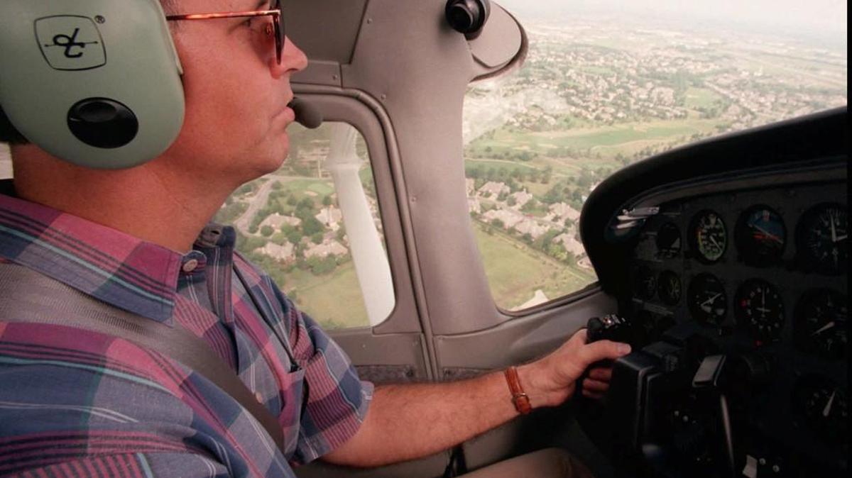 Tom Bertels flies his Cessna 182 around Wichita in 1998.