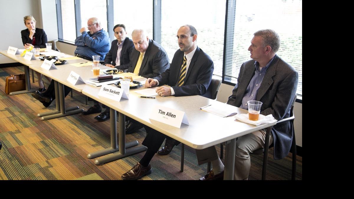 
From left, Karyn Page, Kansas Global Trade Services, Don McGinty, McGinty Machine Company, Jorge Perez, GE Aviation, Robert Pelka, Wells Fargo Bank, Sam Sackett, Spirit AeroSystems, and Tim Allen, ICM, Inc., Wichita Metro Chamber of Commerce government relations committee panel on the reauthorization of the U.S. Export-Import Bank. 

