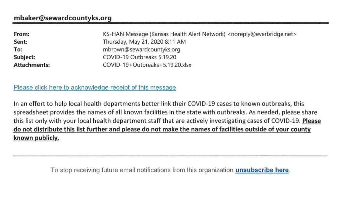 An email sent by the Kansas Health Alert Network.