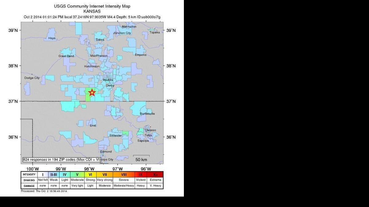 
A USGS map of where respondents felt the Oct. 2 earthquake, which had an epicenter near Harper, Kan.
