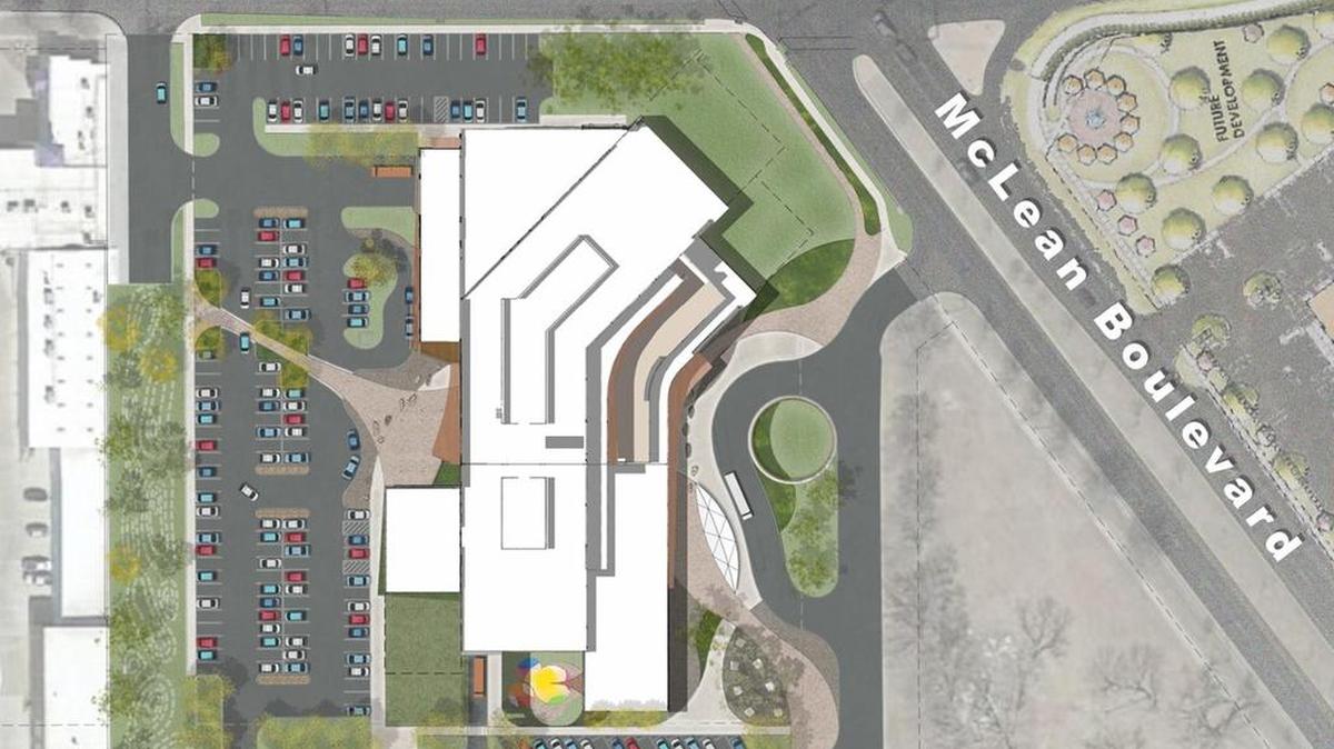 Site plan of the new library at Second and McLean. Some people want the triangle of land to the southeast (bottom right) to remain green space accessible to the public. The city is seeking proposals from developers for the space and another parcel of land to the south (not pictured).