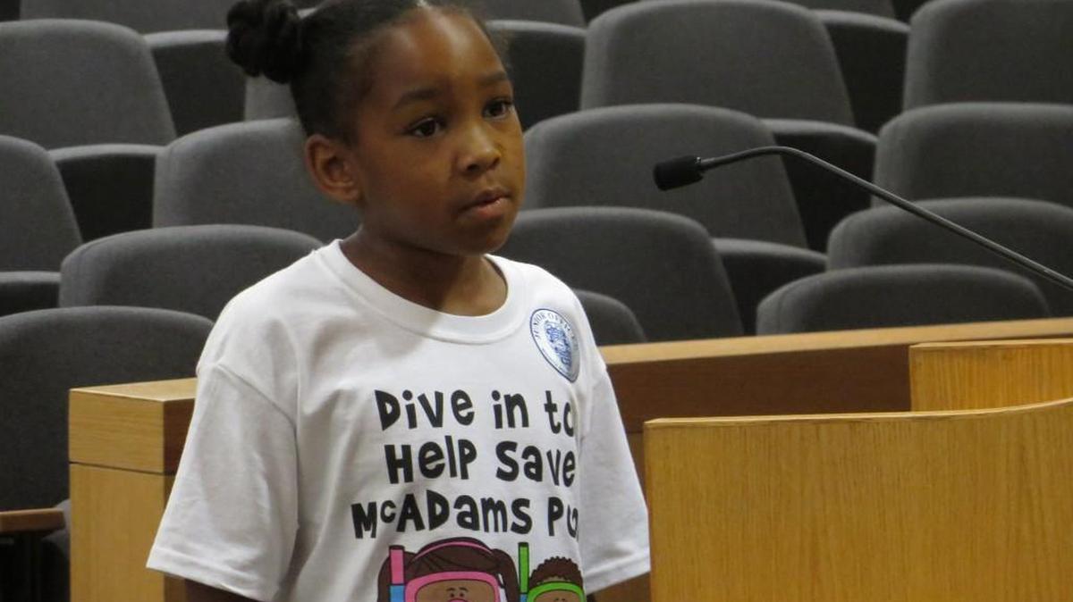 Timora Parker, 8, a user of the McAdams Park pool in Wichita, tells city leaders why she’d like the pool to remain open at Tuesday’s City Council meeting (July 11, 2017).