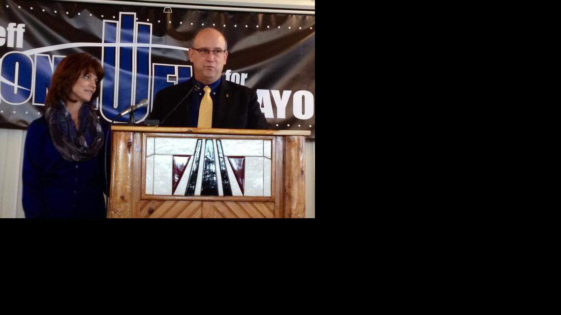 
Jeff Longwell, with his wife, Susie, formally announces his bid for Wichita mayor on Friday. Longwell has served two terms on the City Council for District 5 in west Wichita.
