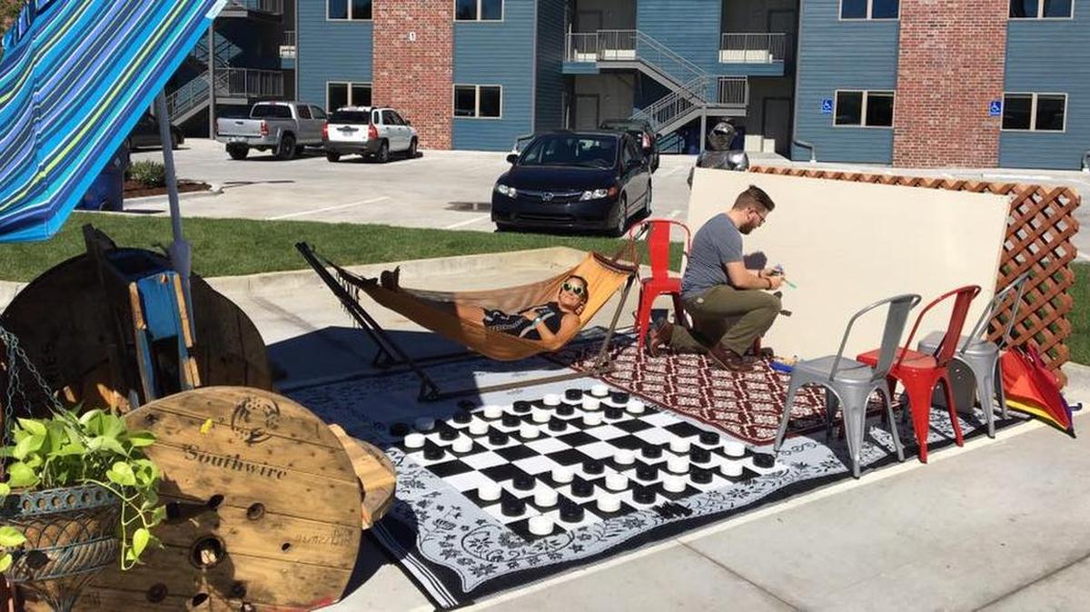 Yellowbrick Street Team set up a PARK(ing) Day display in Wichita. A dozen businesses along Douglas will convert parking spots into public spaces from 8 a.m. to 5:30 p.m. Friday.