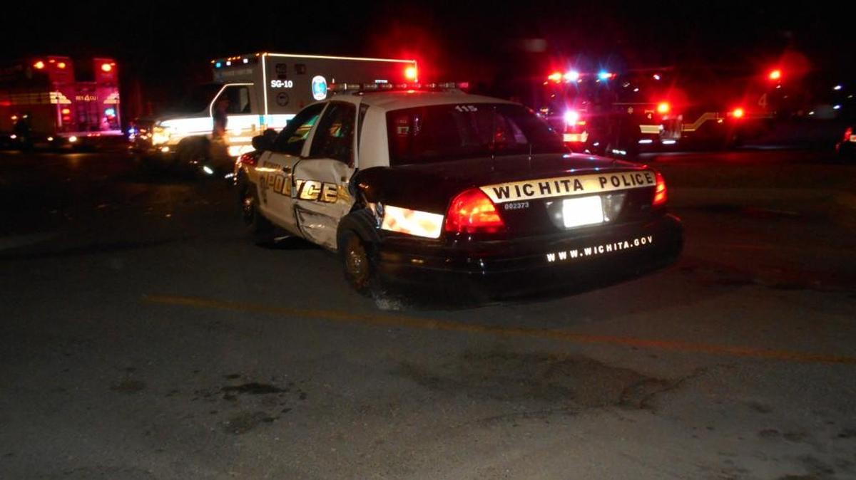 The Wichita police patrol car that was struck Saturday night at Towne West Square.