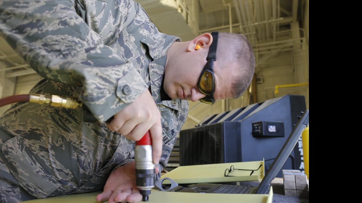 
Air Force Reserve Tech Sgt. Ryan Hake drives in from Dubuque, Iowa, once a month to take part in his training with the Reserves at McConnell Air Force Base.
