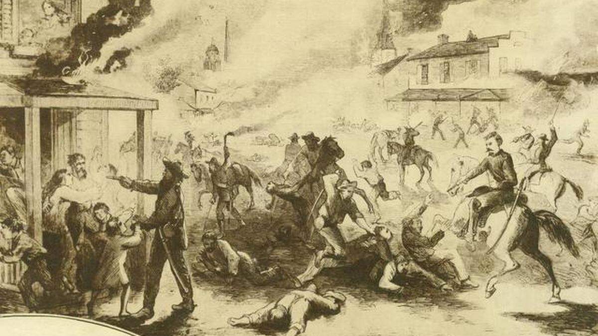 On August 21, 1863, William Quantrill led a group of 300 Confederate guerrillas and attacked Lawrence at dawn. On his orders, they aimed to kill “every man big enough to carry a gun.” Raiders killed 150 abolitionists, all of them men. The illustration was copied from the September 5, 1863, issue of Harper’s Weekly.