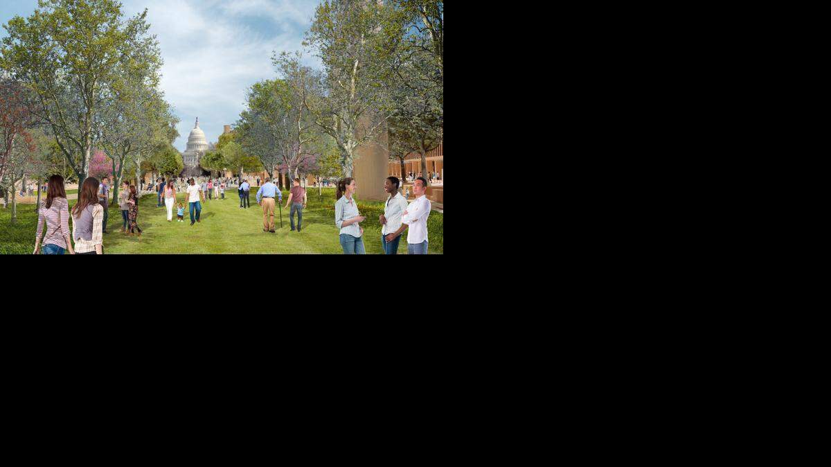 
This drawing provided by Gehry Partners LLP shows the planned looked of Eisenhower Square looking toward the U.S. Capitol. The U.S. Commission of Fine Arts approved the concept of the redesign made by architect Frank Gehry on Thursday. 
