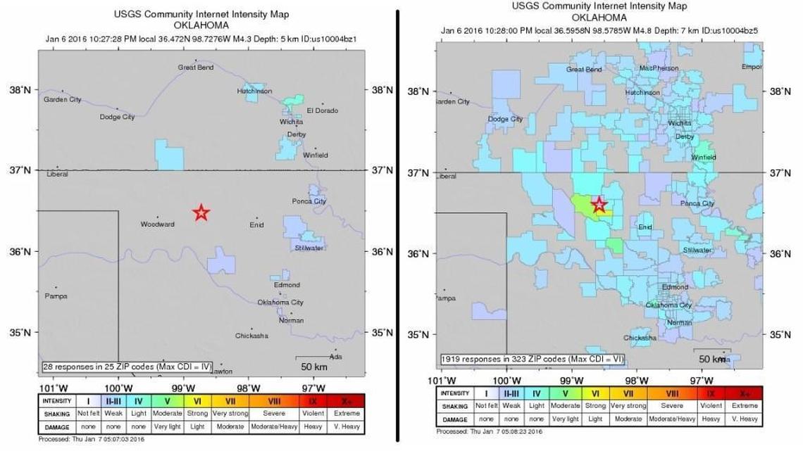 A magnitude-4.3 earthquake was felt in the Wichita area just before 10:30 p.m. Wednesday, shortly followed by a magnitude-4.8 quake. The U.S. Geological Survey released these maps of where people reported feeling the quakes Wednesday evening.