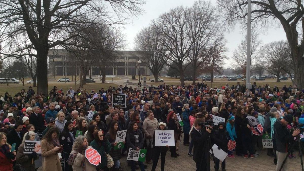 Hundreds gather Monday near the steps of the Kansas Statehouse to protest abortion. (Jan. 23, 2017)