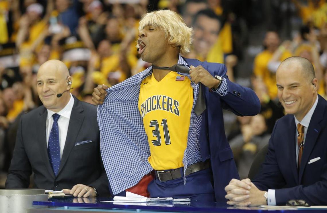 ESPN College Gameday host Jay Williams does a Ron Baker impersonation and picks the Shockers during the show’s live broadcast from Koch Arena in February.