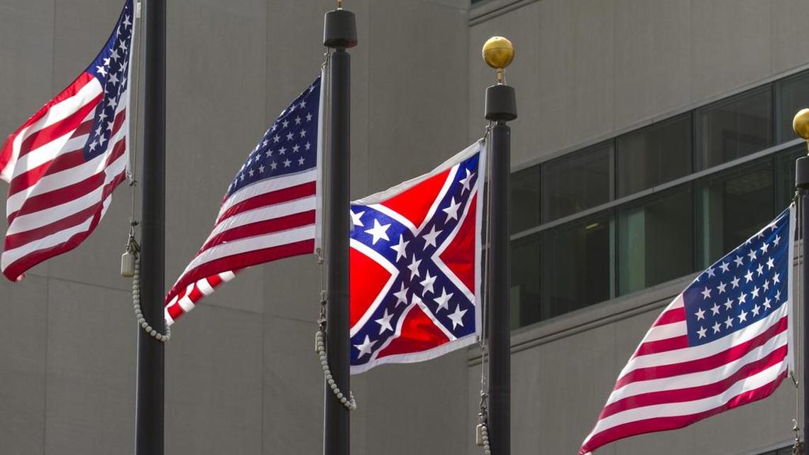 
A Confederate flag had been displayed at the John S. Stevens Pavilion at Veterans Memorial Plaza near downtown since 1976, when it was placed there in a historical flag display as part of the nation’s bicentennial. It was removed July 2, 2015, by order of Mayor Jeff Longwell who acknowledged then that he and City Council members received countless e-mails and phone calls following deadly shootings at a black church in South Carolina.
