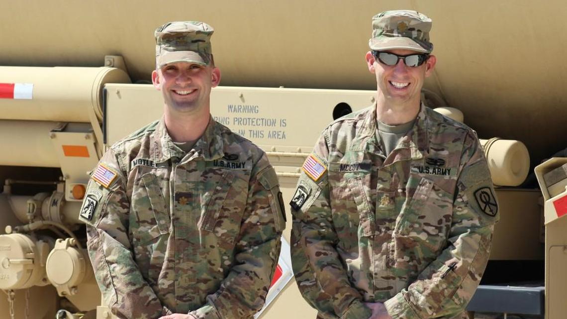 Maj. Larry Motley, left, and Maj. Randy McCoy, both of the 451st Expeditionary Sustainment Command, will likely go into business together when they return from their upcoming deployment to Kuwait.