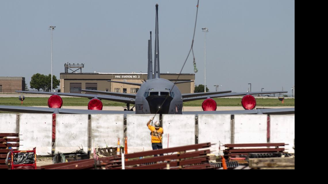 
KC-135 tankers sit on the tarmac at McConnell Air Force Base as construction continues on two hangars being built for the new KC-46A Pegasus tankers that will replace the aging KC-135 tanker fleet. McConnell will be the first active duty-led main operating base when the first KC-46 arrives in August 2016. (April 30, 2015)


