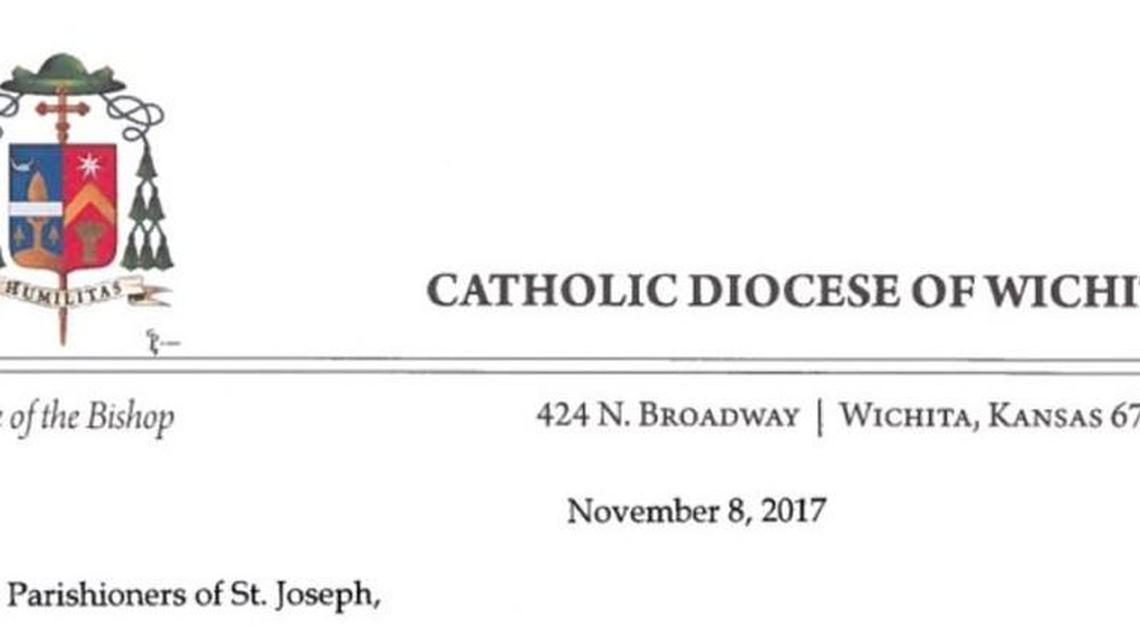 A screenshot shows the top of a letter sent from Wichita Bishop Carl Kemme to parishioners at St. Joseph Catholic Church.