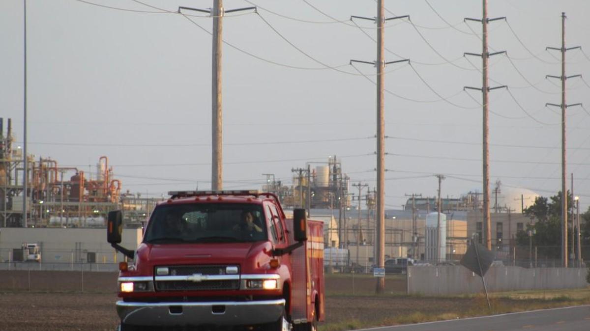 
A Wichita fire truck leaves the scene of a fire at Occidental Chemicals on Thursday. (Oct. 8, 2015)
