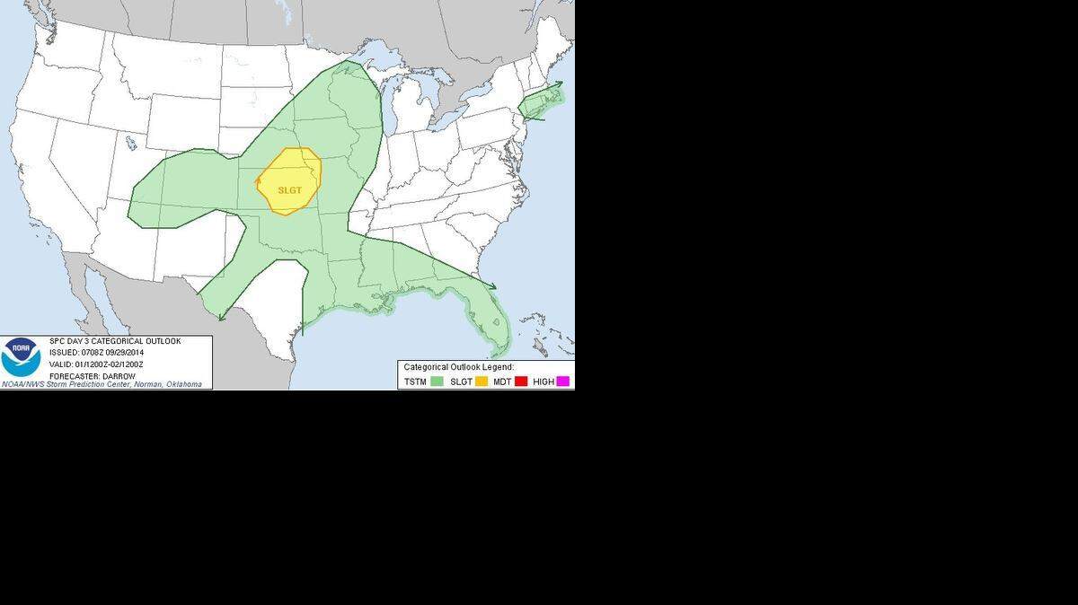 
A National Weather Service forecast shows a slight risk of severe thunderstorms for Wednesday, Oct. 1.
