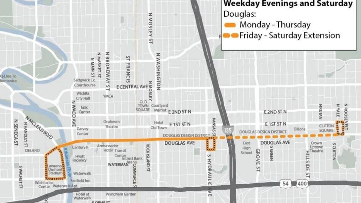 Douglas Avenue Q-Line. Hours of service: Solid line – 5 to 10 p.m. Monday through Thursday; 5 p.m. to 1 a.m. Friday and Saturday. Dashed line – 5 p.m. to 1 a.m. Friday; 8 a.m. to 1 a.m. Saturday May through September.
