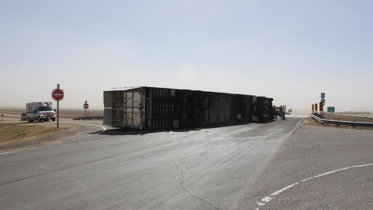 A semi was turned on its side thanks to strong winds Monday near I-70 and K-23 in western Kansas.