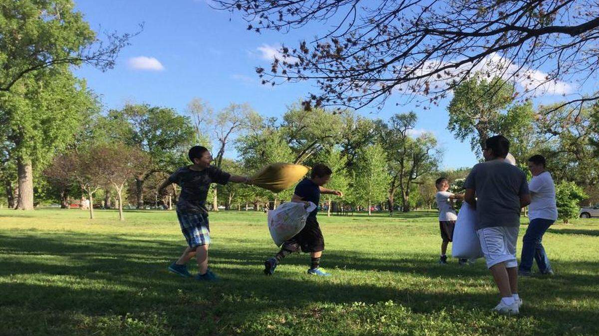
Children brought pillows Saturday evening to Central Riverside Park for a belated International Pillow Fight Day party.
