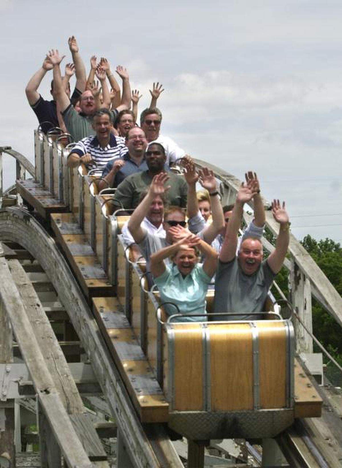 Boeing employees ride the Joyland roller coaster in 2000.