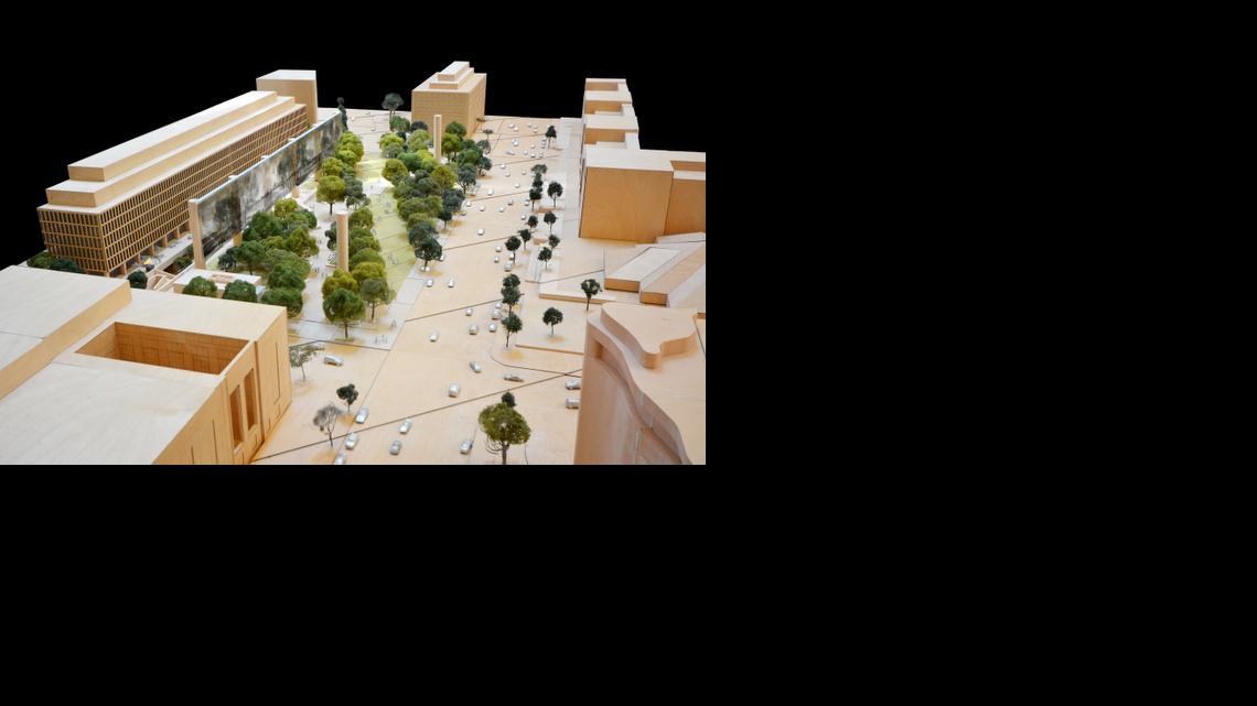 
An aerial perspective of Eisenhower Square looking along Maryland Avenue SW and Independence Avenue in Washington, D.C. The long-delayed effort to build a memorial honoring President Dwight D. Eisenhower near the National Mall has won a key approval, despite ongoing objections to architect Frank Gehry’s design. A federal agency that oversees national capital planning approved the preliminary building plans Thursday. The National Capital Planning Commission debated the design and voted 9-1 to approve the concept. 
