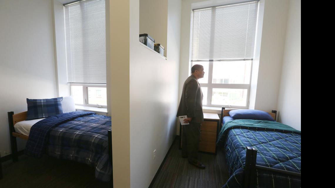 
Shocker Hall at Wichita State University opened last August. It has 784 beds in five different room styles. This is a double shared. (August 14, 2014)
