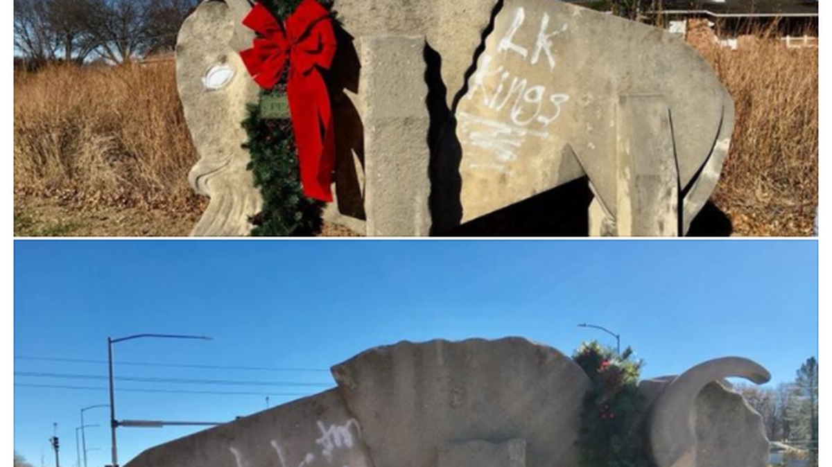 The stone buffalo in Lawrence, Kansas had a Christmas wreath around its neck before it was vandalized.