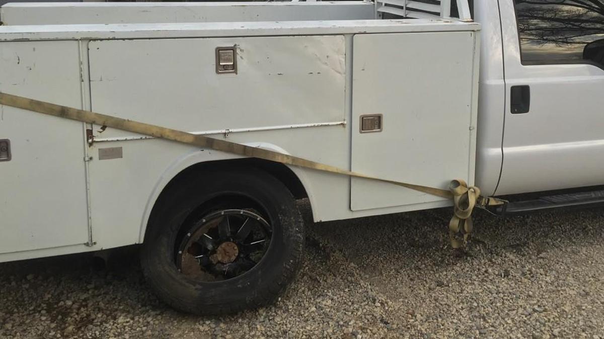 This photo shows the damage to a truck that was stolen in Andover on Tuesday night and recovered after a chase was triggered by a 911 call from the owner, who had jumped onto the trailer being pulled by the truck.