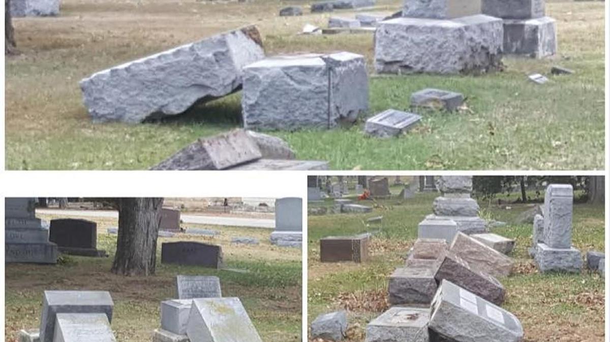 At least 30 headstones were damaged at Highland Cemetery in Junction City between Monday night and Tuesday morning.
