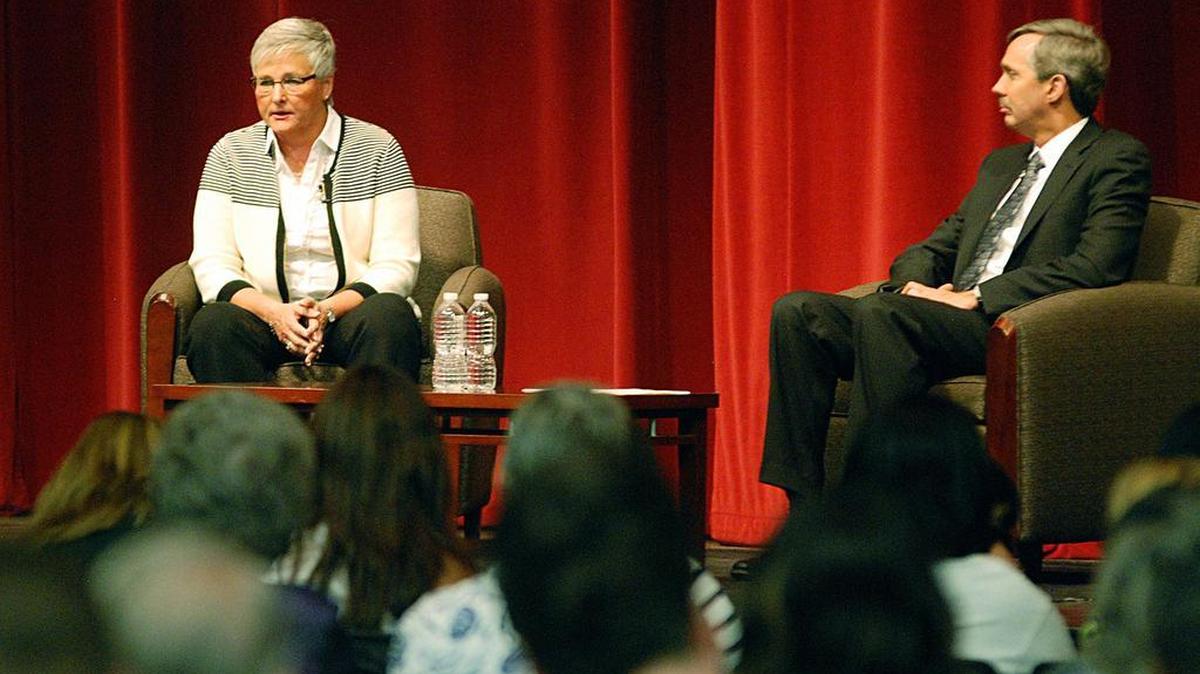 
Wichita police chief candidate Terri Moses answers public questions presented by City Manager Robert Layton at Century II.
