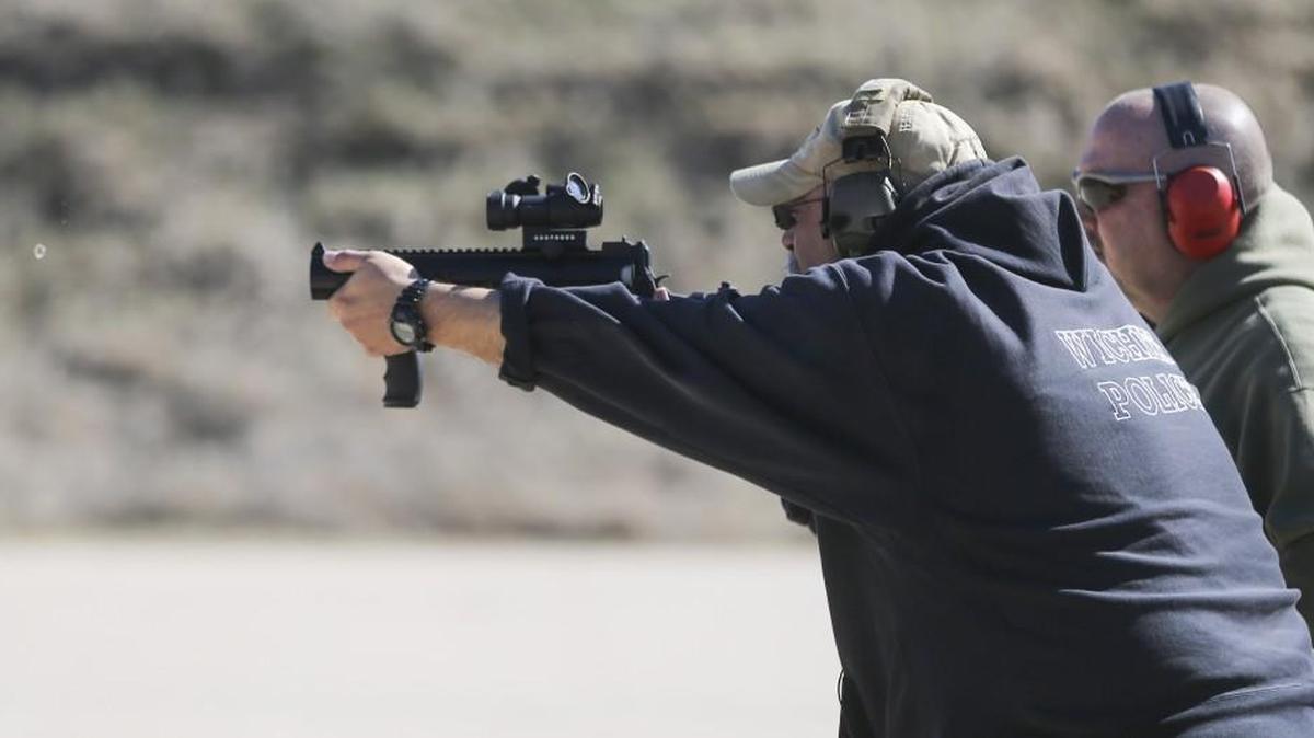 Assistant rangemaster Bill Cook fires a 40mm launcher loaded with a foam-tipped projectile at the Sedgwick County Law Enforcement gun range on Wednesday. The new weapon is labeled as a less lethal option for the Wichita Police Department. (March 1, 2017)