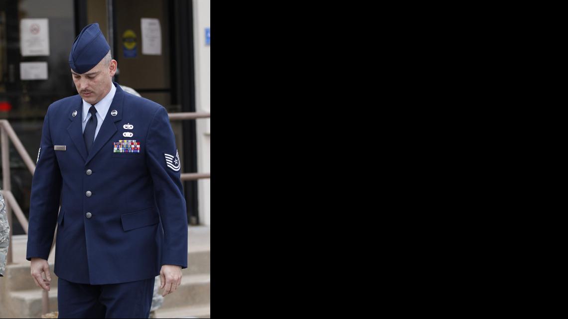 
Air Force Sgt. David Gutierrez walks out of the Law Center at McConnell Air Force Base in Wichita during a lunch recess from his trial Jan. 19, 2011. The highest U.S. armed forces court has agreed to review the appeal of the Kansas airman convicted of assault for exposing multiple sex partners to HIV at swinger parties in Wichita.
