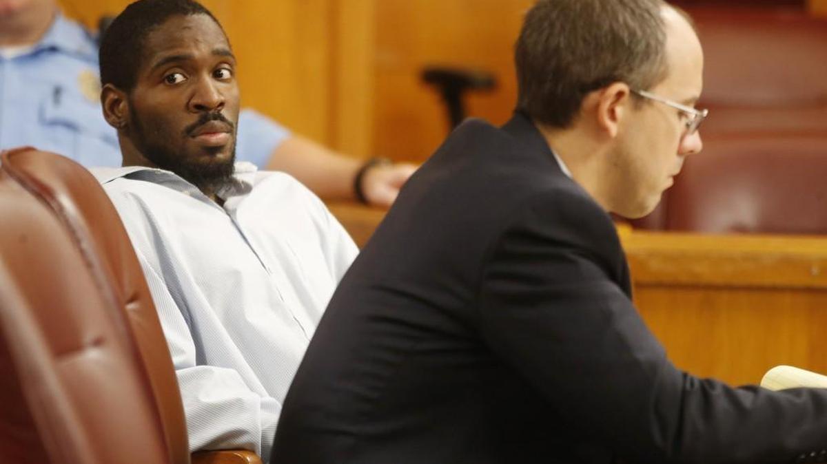 Cornell McNeal looks back at the gallery in Judge Warren Wilbert’s court as his preliminary hearing gets underway. McNeal is charged in the capital murder and rape death of Letitia Davis in November of 2014. (Oct. 1, 2015)