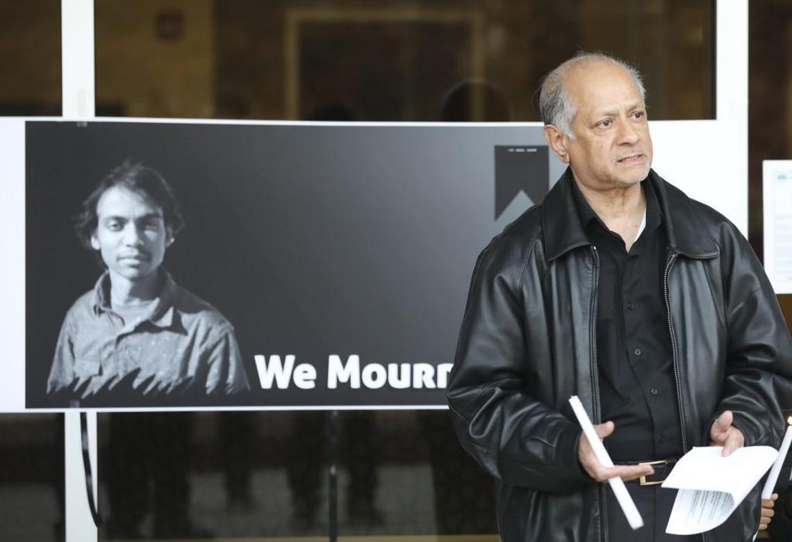 Mahmoud Karim, cultural secretary of the Wichita Bangladesh Community, speaks to mourners during a memorial at Wichita State University, held for Hasan Rahman, a pizza delivery driver who was killed last weekend.