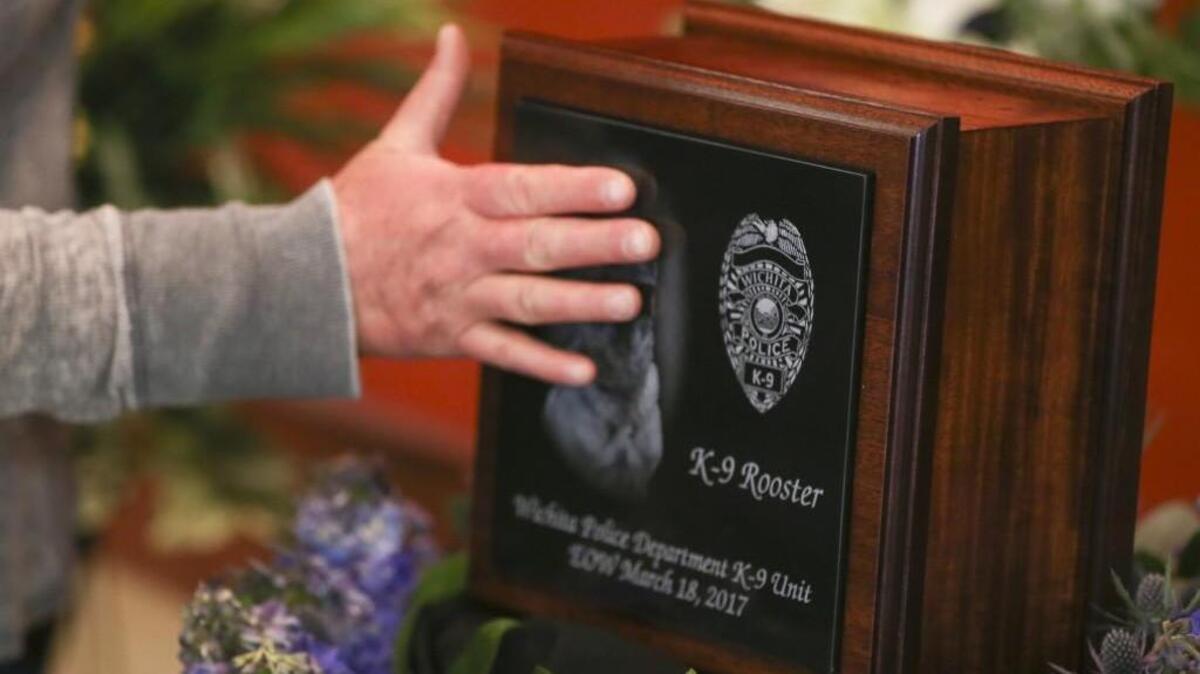 A person reaches out and touches the remains of Rooster, a K-9 with the Wichita Police Department. A public ceremony at Century II on March 31 honored Rooster’s life and sacrifice.